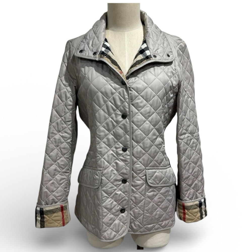 Burberry Women’s Taupe Quilted Jacket with Classic Check Lining - Medium